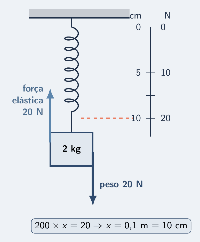 Uma mola pendurada num suporte, com um bloco de 2 kg no gancho de baixo. Ao lado da mola, uma escala dupla: de um lado, centímetros, 0, 5, 10; do outro, newtons, 0, 10, 20. O ponteiro para em 10 cm e 20 N. Sobre o bloco, duas setas: a força elástica, céu, 20 N para cima, e o peso, azul, 20 N para baixo.