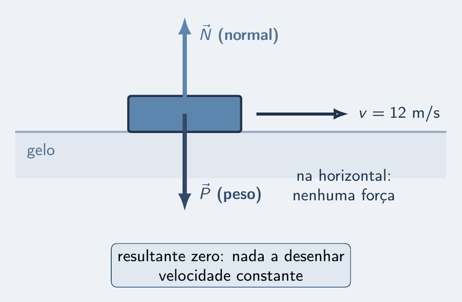 Um disco de hóquei em corte sobre uma superfície de gelo. Do centro do disco saem duas setas de força: o peso, para baixo, e a normal, para cima, com o mesmo comprimento. Uma seta de velocidade de 12 m/s aponta para a direita, sem nenhuma força na horizontal. Um cartão diz: resultante zero, nada a desenhar; velocidade constante.