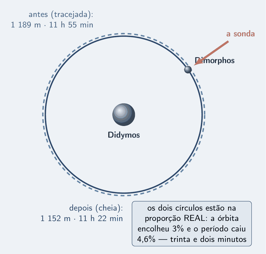 Um asteroide grande no centro, Didymos, e duas órbitas circulares quase sobrepostas em volta dele: a de antes, tracejada, um pouco maior, e a de depois, cheia, um pouco menor, com o asteroide pequeno, Dimorphos, sobre ela. Uma seta chega de fora e bate em Dimorphos: a sonda. Cotas: antes, 1 189 m, 11 h 55 min; depois, 1 152 m, 11 h 22 min. Um cartão diz: os dois círculos estão na proporção real, a órbita encolheu 3%, e o período caiu 4,6%, trinta e dois minutos.