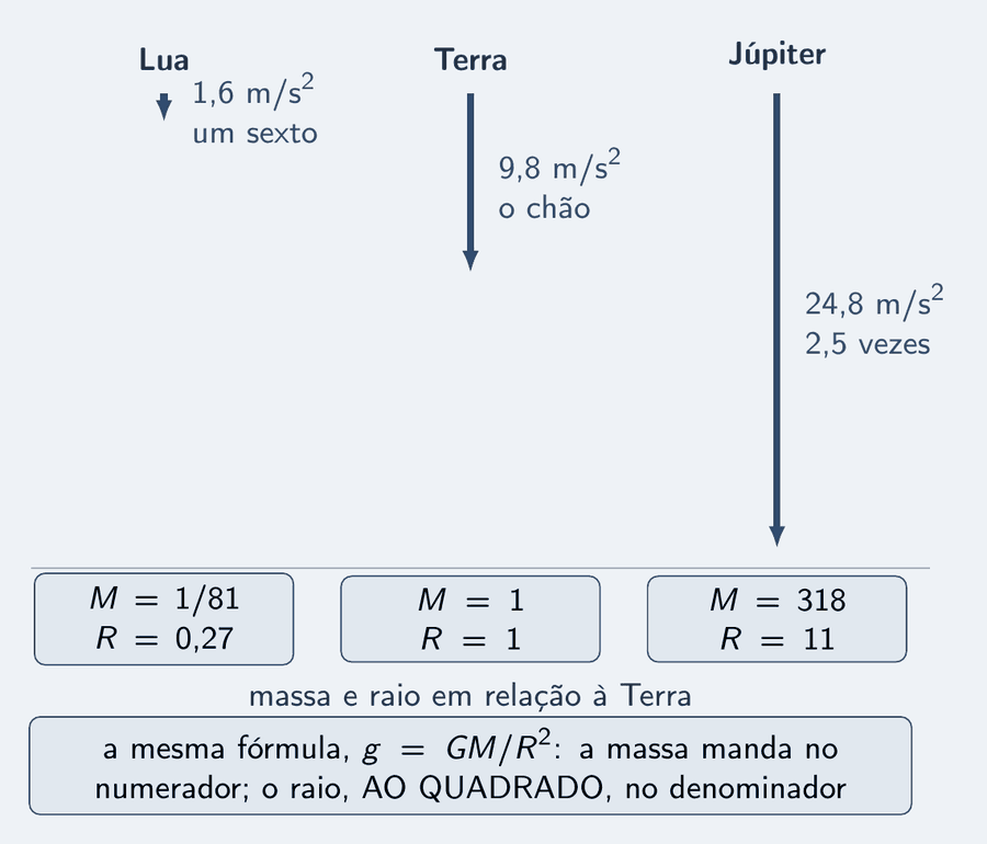Três setas azuis para baixo, lado a lado, na mesma escala, cada uma sobre o nome de um mundo e o valor de g: a Lua, uma seta curta, 1,6 m/s², um sexto; a Terra, uma seta média, 9,8; Júpiter, uma seta duas vezes e meia maior que a da Terra, 24,8. Sob cada seta, dois cartões pequenos com a massa e o raio em relação à Terra: Lua, M igual a 1 sobre 81 e R igual a 0,27; Terra, 1 e 1; Júpiter, M igual a 318 e R igual a 11. Um cartão diz: mesma fórmula, g igual a G M sobre R ao quadrado; a massa manda no numerador, o raio, ao quadrado, no denominador.