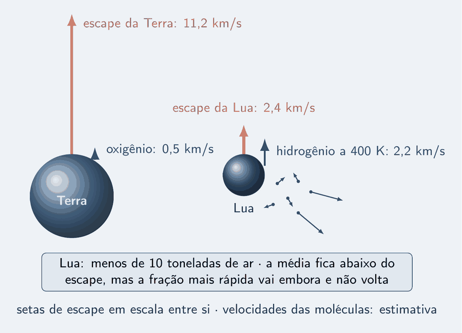 À esquerda, a Terra, e à direita a Lua, menor, cada uma com uma seta salmão de escape saindo da superfície, em escala entre si: 11,2 km/s e 2,4 km/s; a da Lua tem pouco mais de um quinto do comprimento. Perto da Lua, uma nuvem de pontos com setas curtas de tamanhos variados; dois pontos, com setas mais compridas, afastam-se e somem. Ao lado da seta da Lua, uma seta fina: hidrogênio a 400 kelvin, cerca de 2,2 km/s em média. Ao lado da seta da Terra, uma seta bem curta: oxigênio, 0,5 km/s. Um cartão diz: Lua, menos de 10 toneladas de ar; a média está abaixo do escape, mas a fração rápida vai embora. Embaixo: velocidades das moléculas, estimativa.