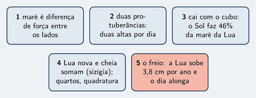 Cinco peças: maré é diferença de força entre os lados; duas protuberâncias, duas altas por dia; cai com o cubo, o Sol faz 46% da maré da Lua; Lua nova e cheia somam, sizígia, e os quartos são quadratura; o freio, a Lua sobe 3,8 cm por ano e o dia alonga.