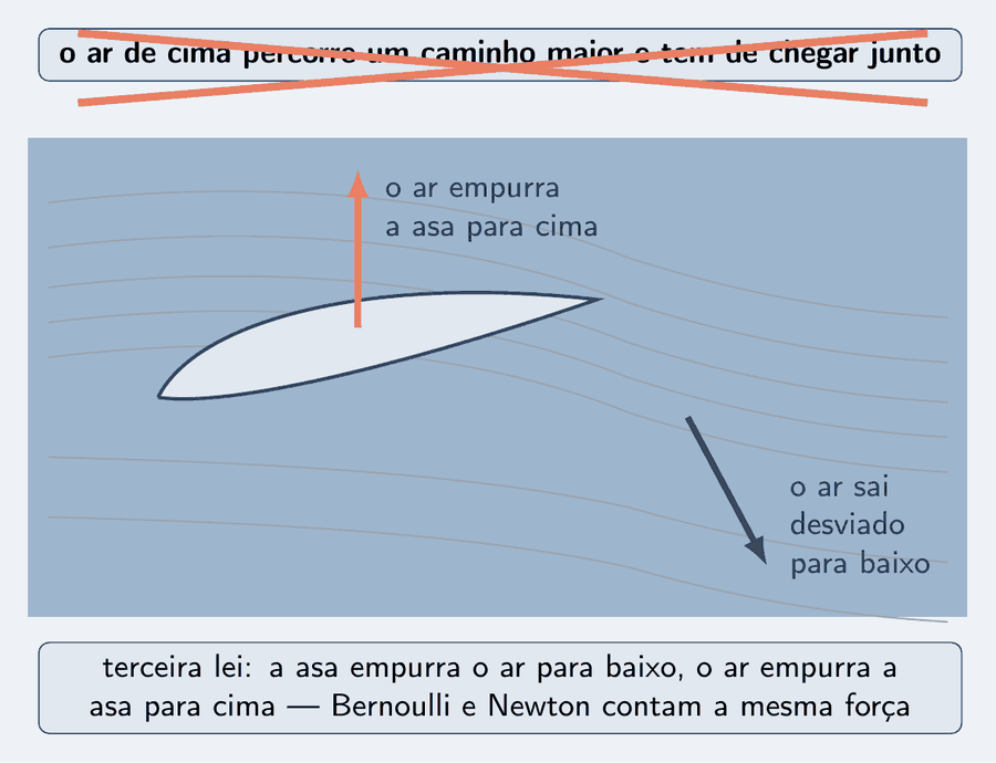 Em cima, um cartão riscado com um X salmão: o ar de cima percorre um caminho maior e tem de chegar junto. Embaixo, a asa em corte, em claro, inclinada contra o ar que vem da esquerda; as linhas de corrente cinza entram horizontais e saem inclinadas para baixo, atrás da asa. Uma seta azul, o ar sai desviado para baixo, atrás do bordo de fuga; uma seta salmão, o ar empurra a asa para cima, sobre a asa. Um cartão: terceira lei — a asa empurra o ar para baixo, o ar empurra a asa para cima; Bernoulli e Newton contam a mesma força.