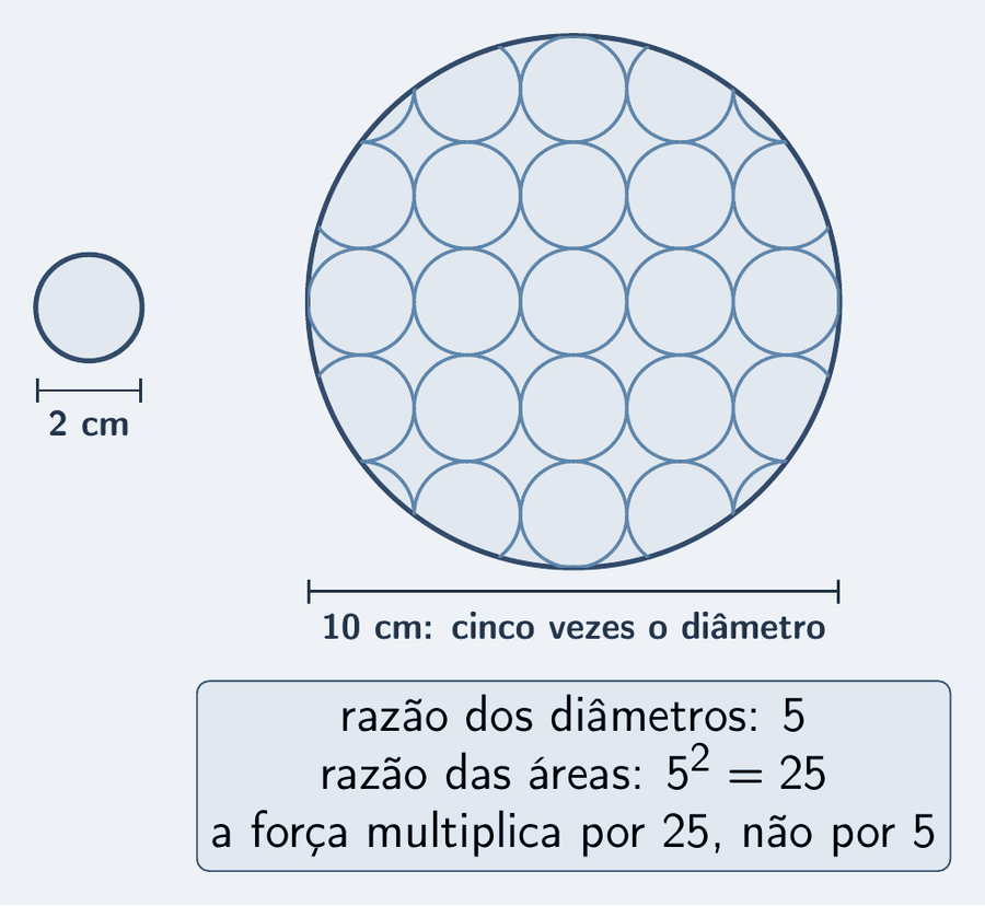 Dois círculos vistos de cima, os dois pistões: o pequeno, com o diâmetro de 2 cm cotado, e o grande, com o diâmetro de 10 cm cotado, cinco vezes maior. Dentro do grande, uma grade sugere que cabem vinte e cinco pistões pequenos. Um cartão: razão dos diâmetros 5; razão das áreas 5 ao quadrado igual a 25; a força multiplica por 25, não por 5.