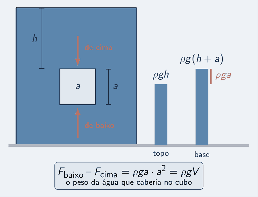 Um cubo de aresta a, em claro, submerso em água azul-céu, com a face de cima a uma profundidade h, cotada, e a aresta a cotada ao lado. Uma seta salmão de força aponta para baixo sobre a face de cima, rotulada de cima, e outra, um pouco maior, aponta para cima sob a face de baixo, rotulada de baixo. À direita, duas barras de pressão azul-céu: a do topo, rô g h, e a da base, rô g vezes h mais a, com a diferença rô g a marcada em salmão. Um cartão: F de baixo menos F de cima é igual a rô g a vezes a ao quadrado, igual a rô g V — o peso da água que caberia no cubo.
