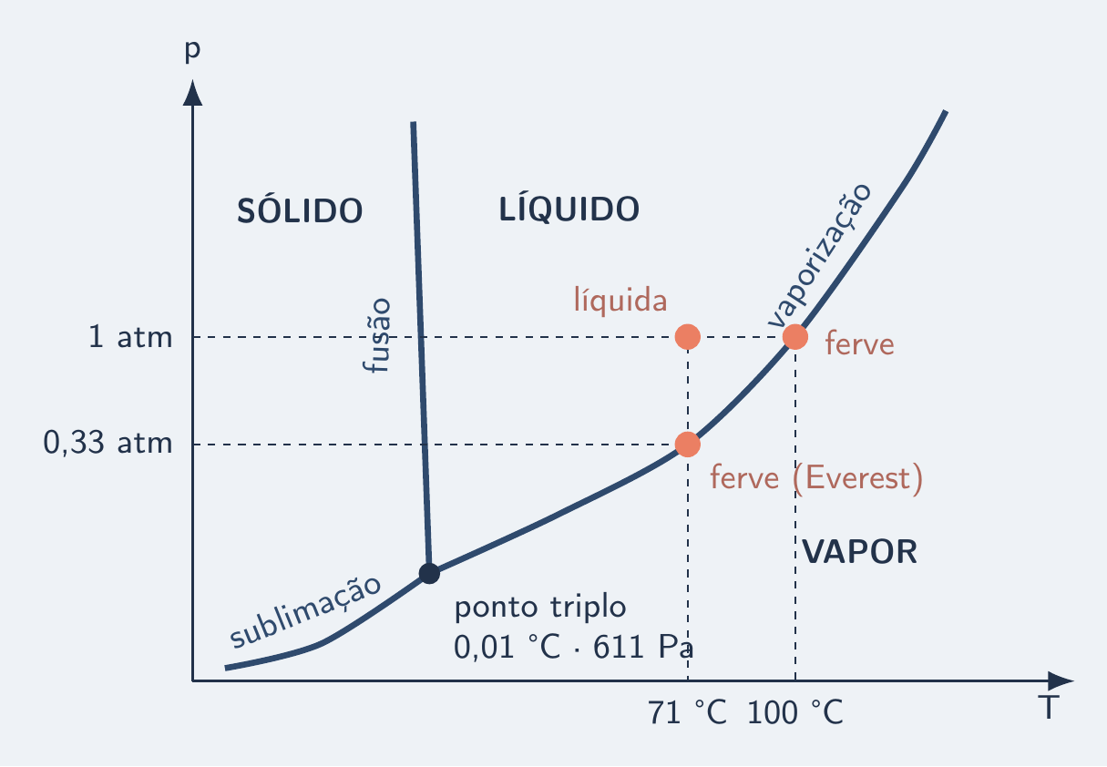 Plano p × T com regiões sólido, líquido, vapor e o ponto triplo