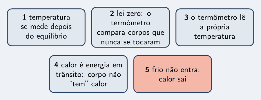 Cinco peças: temperatura se mede depois do equilíbrio; lei zero, o termômetro compara corpos que nunca se tocaram; o termômetro lê a própria temperatura; calor é energia em trânsito, corpo não "tem" calor; frio não entra, calor sai.