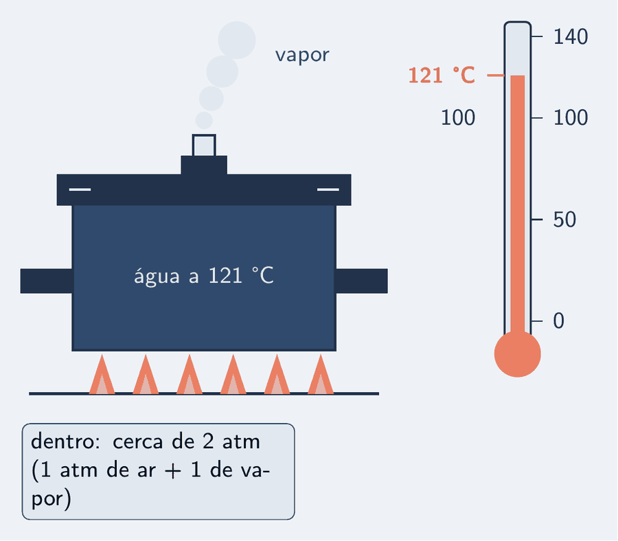 Uma panela de pressão sobre a chama do fogão, vista de lado, com a tampa travada e a válvula soltando um jato fino de vapor. Um termômetro ao lado, com a coluna parada em 121 graus Celsius e a marca de 100 abaixo dela; um cartão diz que a pressão dentro é cerca de duas atmosferas.