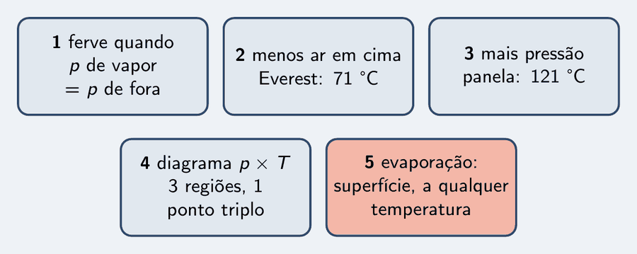 Cinco peças: a bolha de vapor que iguala a pressão de fora; a montanha com a coluna do termômetro em 71; a panela de pressão com a coluna em 121; o diagrama de fases com três regiões e o ponto triplo; o copo que evapora pela superfície ao lado do copo que ferve por inteiro.
